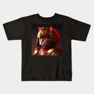 Samurai Cat Warrior Wearing Red and Gold Armor Kids T-Shirt